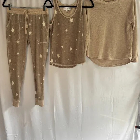 Live Love Lounge 3pc Women Soft Pajamas Long Sleeve Lounge Set Tan Small - 0376 - Picture 11 of 11